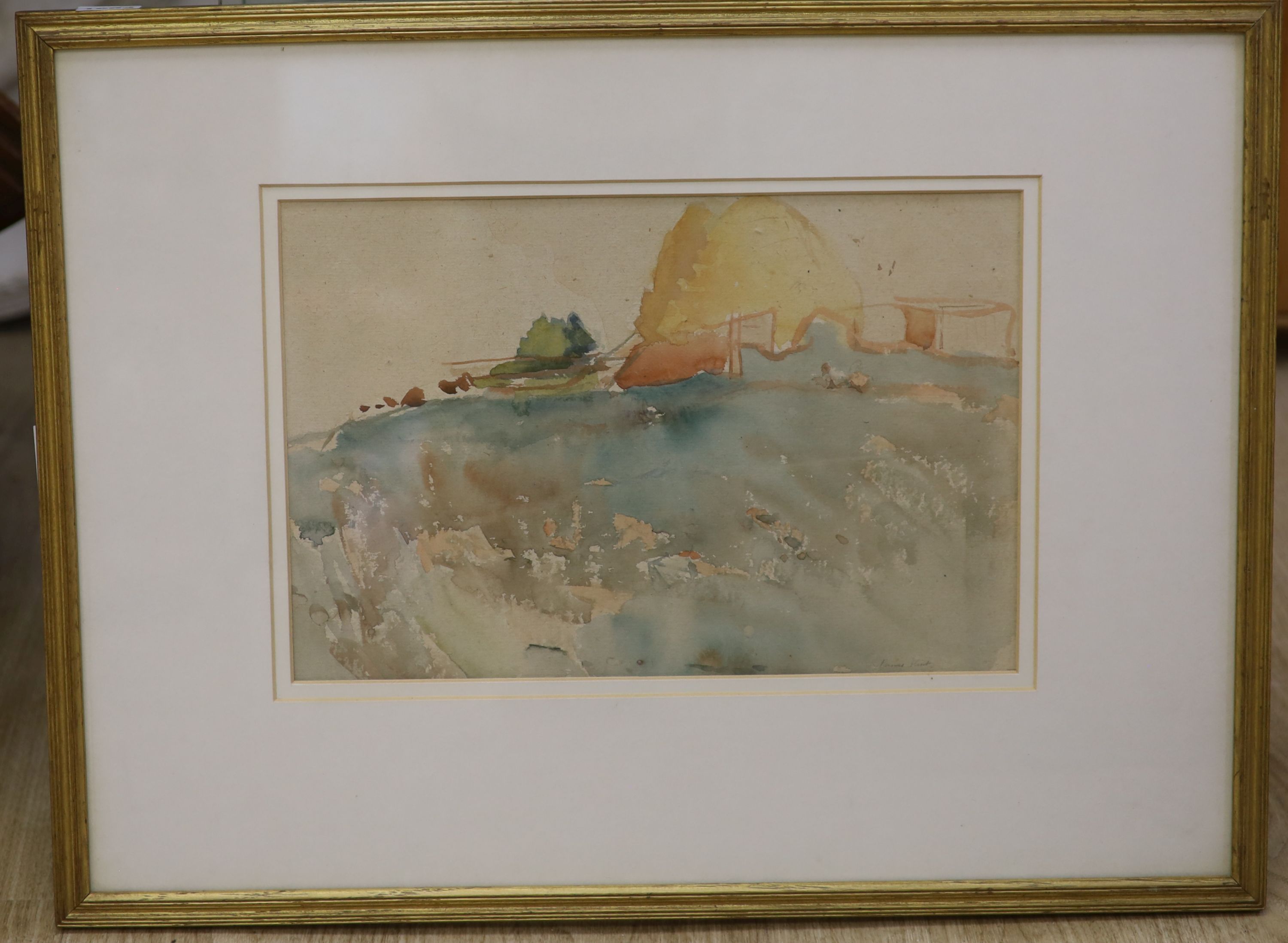 Robert Purvis Flint (1883-1947), watercolour, Field and haystack, signed, 25 x 36cm